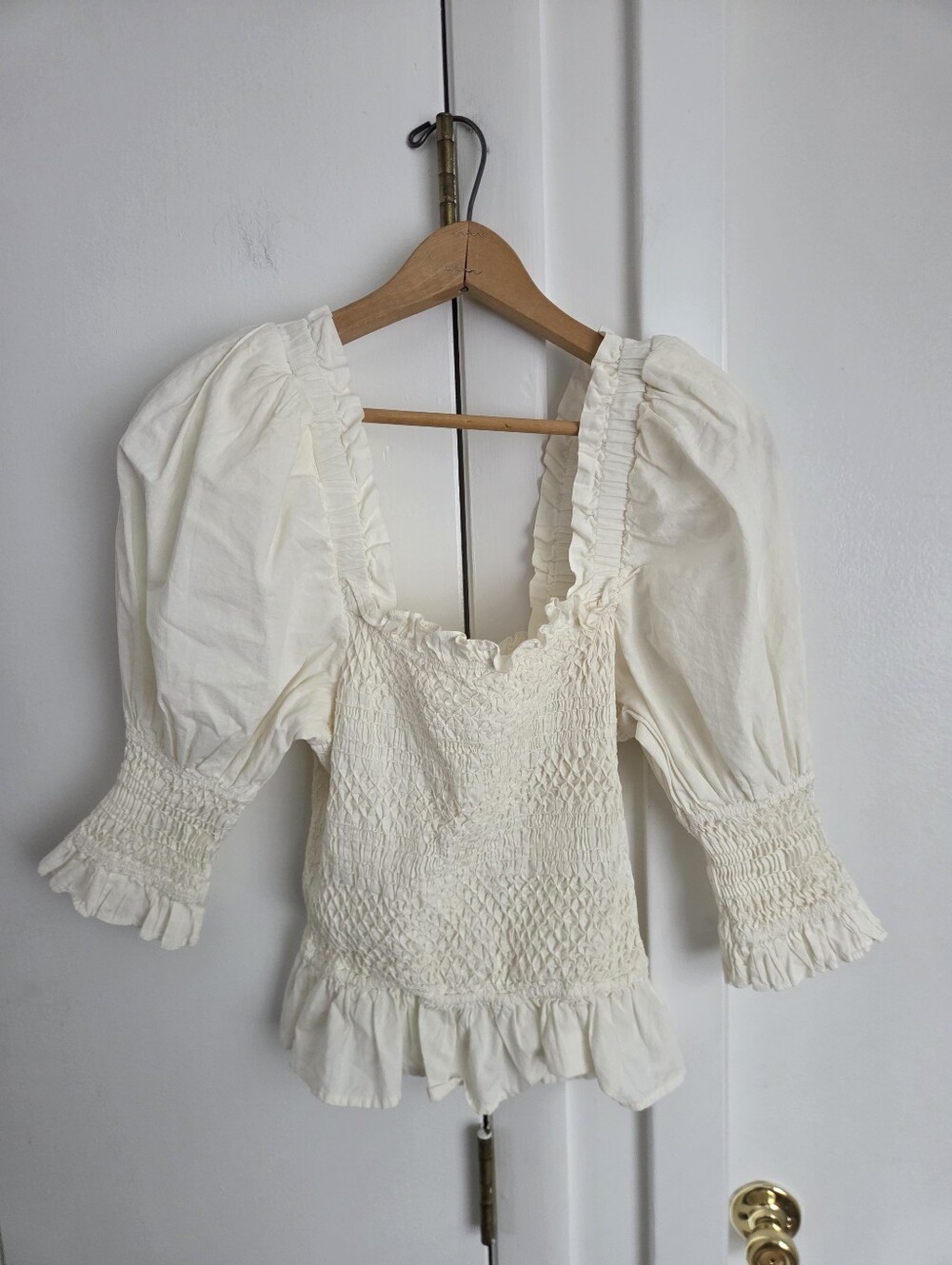 Sea New York Cotton Shirred Balloon Puff Sleeve White Ruffle Peasant Top Size XS